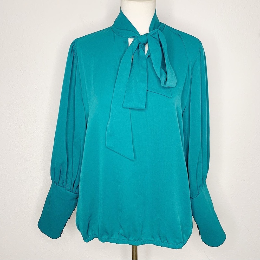 NWT New York & Company Teal Front Tie Collar Long-Cuff Sleeve Top Size L $54.95